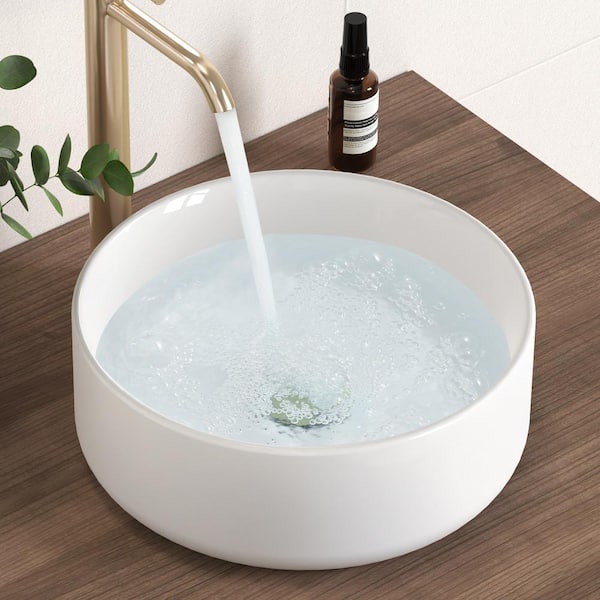 KES 12 in. Round Ceramic Vessel Bathroom Sink Above Counter in White