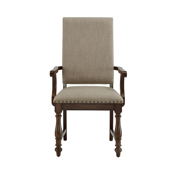 Benjara Beige and Brown Polyester Nailhead Trim Dining Armchair Set of 2