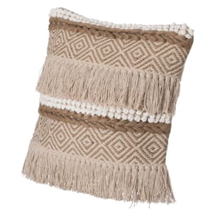 16 in. x 16 in. Natural Handwoven Cotton Throw Pillow Cover with Embossed White Dots and Natural Fringed Pattern
