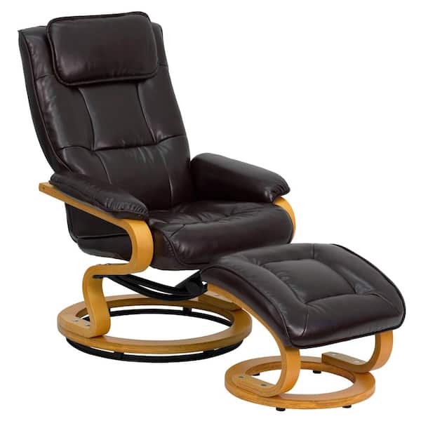Flash Furniture Contemporary Brown Leather Recliner and Ottoman with Swiveling Maple Wood Base