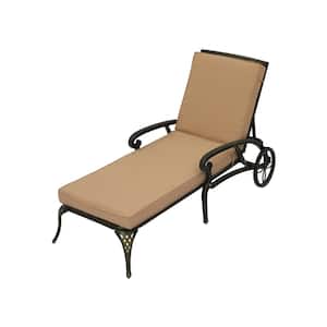 Antique Bronze Cast Aluminum Outdoor Chaise Lounge with Wheels Adjustable Reclining and Beige Cushion