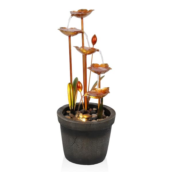 Alpine Corporation 23 in. Tall Copper Tiered Flower Fountain with LED Lights