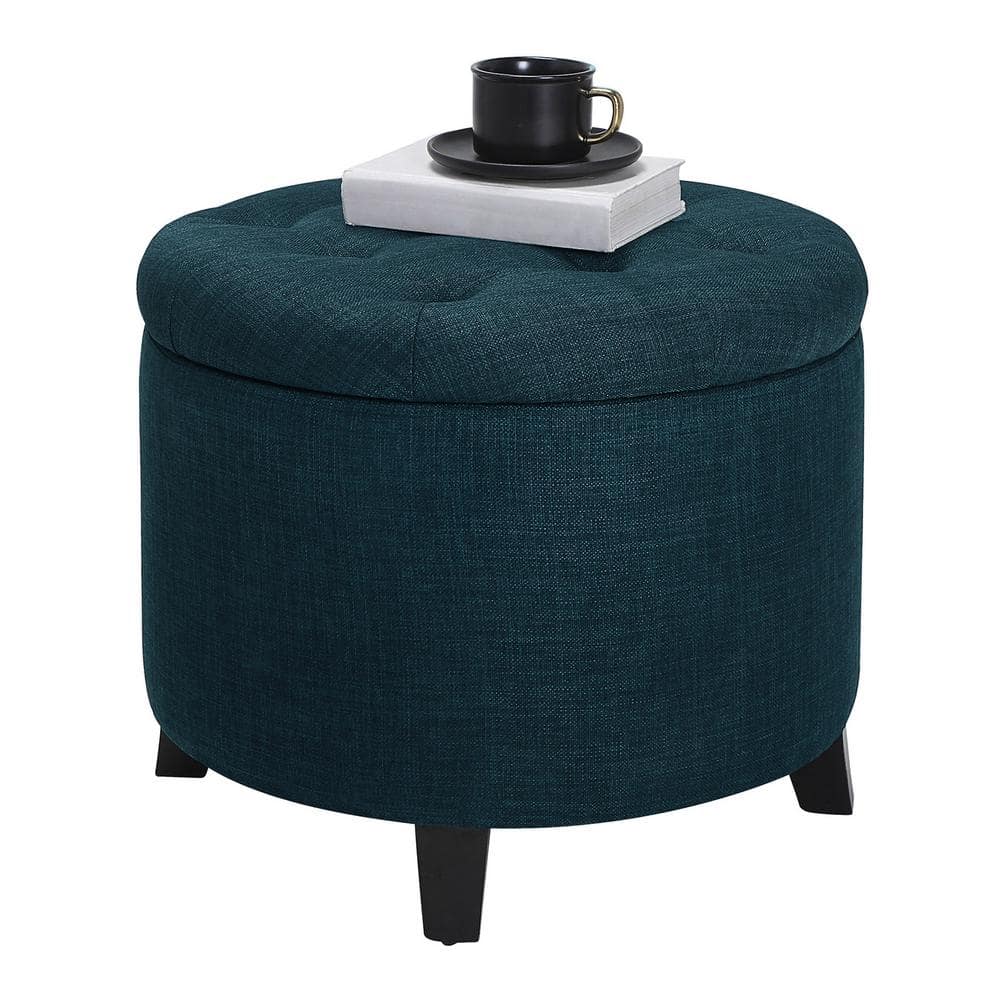 Tufted Luxe Dark Blue Round Storage Ottoman with Solid Rubberwood Legs