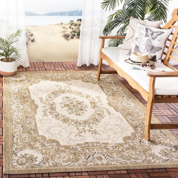Courtyard Cream/Brown 7 ft. x 7 ft. Square Border Indoor/Outdoor Patio  Area Rug