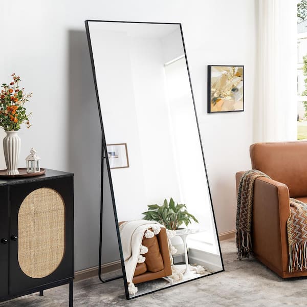 HOMESTOCK Modern Full Length Mirror Free Standing Leaning/Hanging/Mounted Mirror with Thin Aluminum Frame in Black