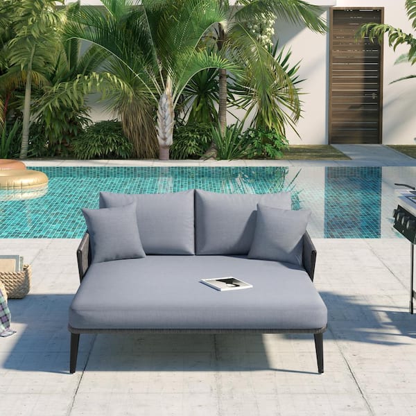 OVE Decors Roland Gray Wicker Outdoor Day Bed with Gray Cushions