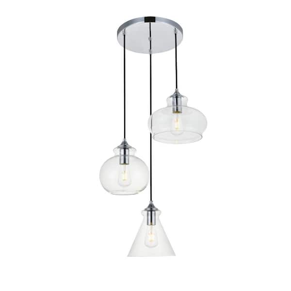 Unbranded Timeless Home Dwayne 3-Light Pendant in Chrome with 9.4/7.9/7.9 in. W x 6.9/7.3/7.9 in. H Clear Glass Shade
