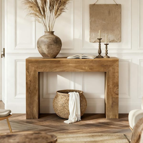Turrella 43.3 in. Brown Rectangle Wood Entryway Table with U-Shaped and Fluted Design, Rustic Console Table Behind Couch