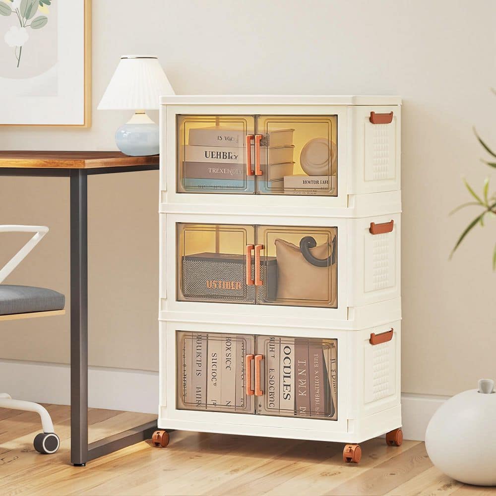 3-Tier Foldable Storage Cabinet with Magnetic Doors & Rolling Wheels, Stackable Plastic Organizer for Bedroom Closet price history on PriceWatchPro