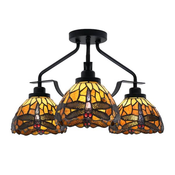 Unbranded Zara 17.75 in. 3-Light Matte Black Semi-Flush with 7 in. Amber Dragonfly Art Glass Shades No Bulbs Included