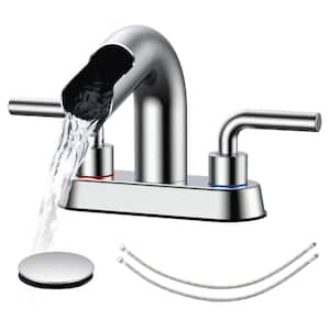 4 in. Bathroom Faucet Double Handle 3 Hole Waterfall Bathroom Sink Faucet with Pop-Up Drain in Chrome