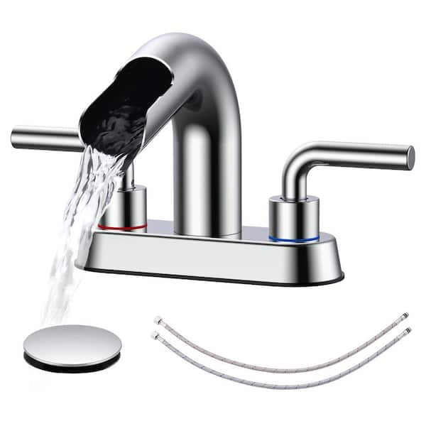 AKLFGN 4 in. Bathroom Faucet Double Handle 3 Hole Waterfall Bathroom Sink Faucet with Pop-Up Drain in Chrome