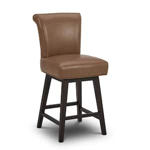 Dennis 26 in. Saddle Brown High Back Solid Wood Frame Swivel Counter Height Bar Stool with Faux Leather Seat(Set of 3)