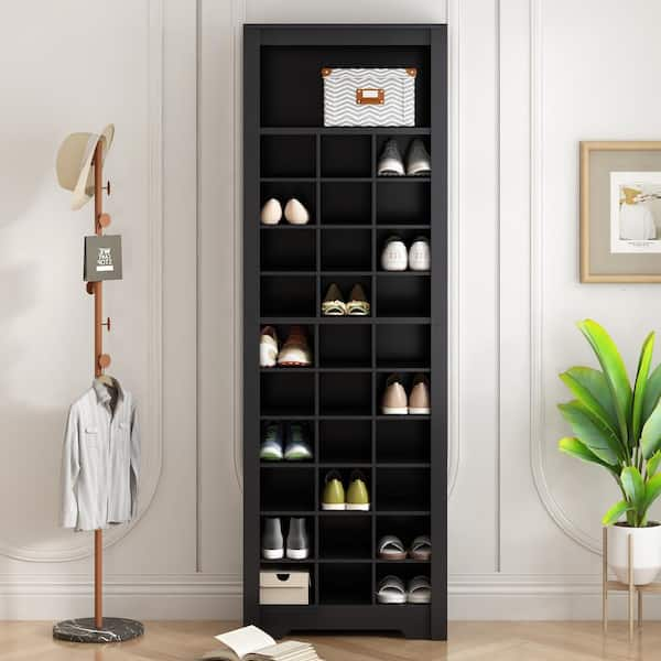 Modern Tall 73.8 in. H x 24.4 in. W Black Wood Shoe Storage Cabinet 30 Cubby Console for Hallway Bedroom QS1 1w 10 The Home Depot