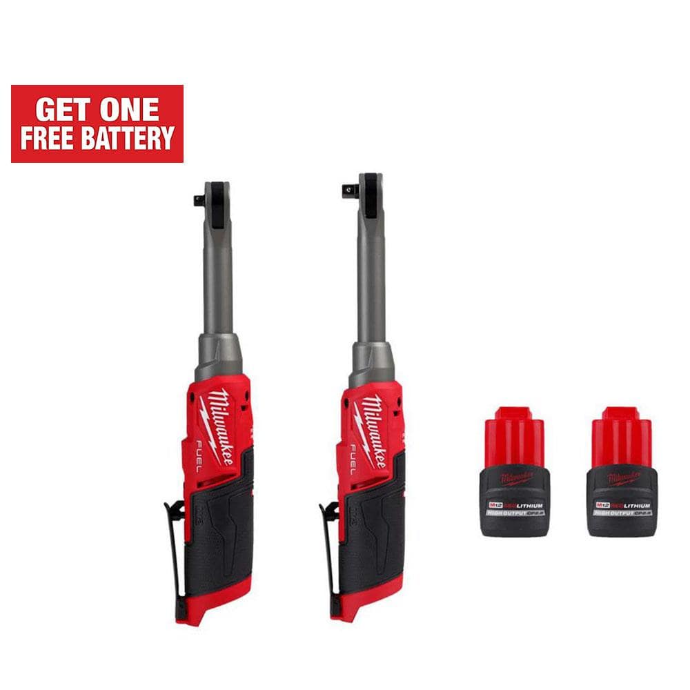 Milwaukee M12 FUEL 12V Lithium-Ion Brushless Cordless 1/4 in. & 3/8 in. Extended Reach Ratchets w/(2) M12 CP 2.5 Ah Batteries -  2568-2569-2425
