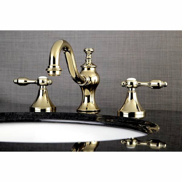 Tudor 8 in. Widespread 2-Handle High-Arc Bathroom Faucet in Polished Brass