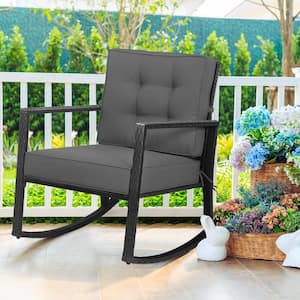 Wicker Outdoor Rocking Chair Patio Lawn Rattan Single Chair Glider with Grey Cushion