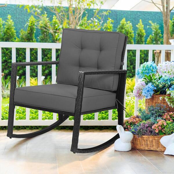 Gymax Wicker Outdoor Rocking Chair Patio Rattan Single Glider With Grey Cushion 2 Pieces Gym08450 - Outdoor Patio Rocking Chair Sets Uk