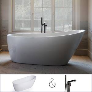 W-I-D-E Series Wakefield 60 in. Acrylic Slipper Free-Standing Flatbottom Bathtub in White, Faucet in Black, with Drain