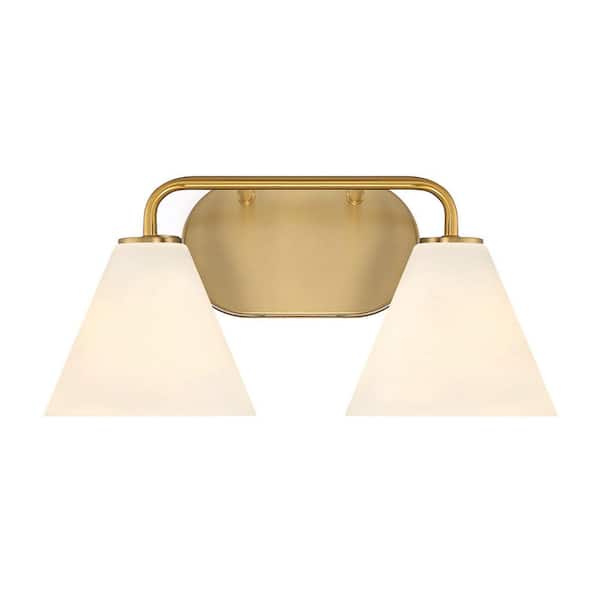 Blair 15.5 in. W x 8 in. H 2-Light Warm Brass Transitional Bathroom Vanity Light with White Strie Glass Shades
