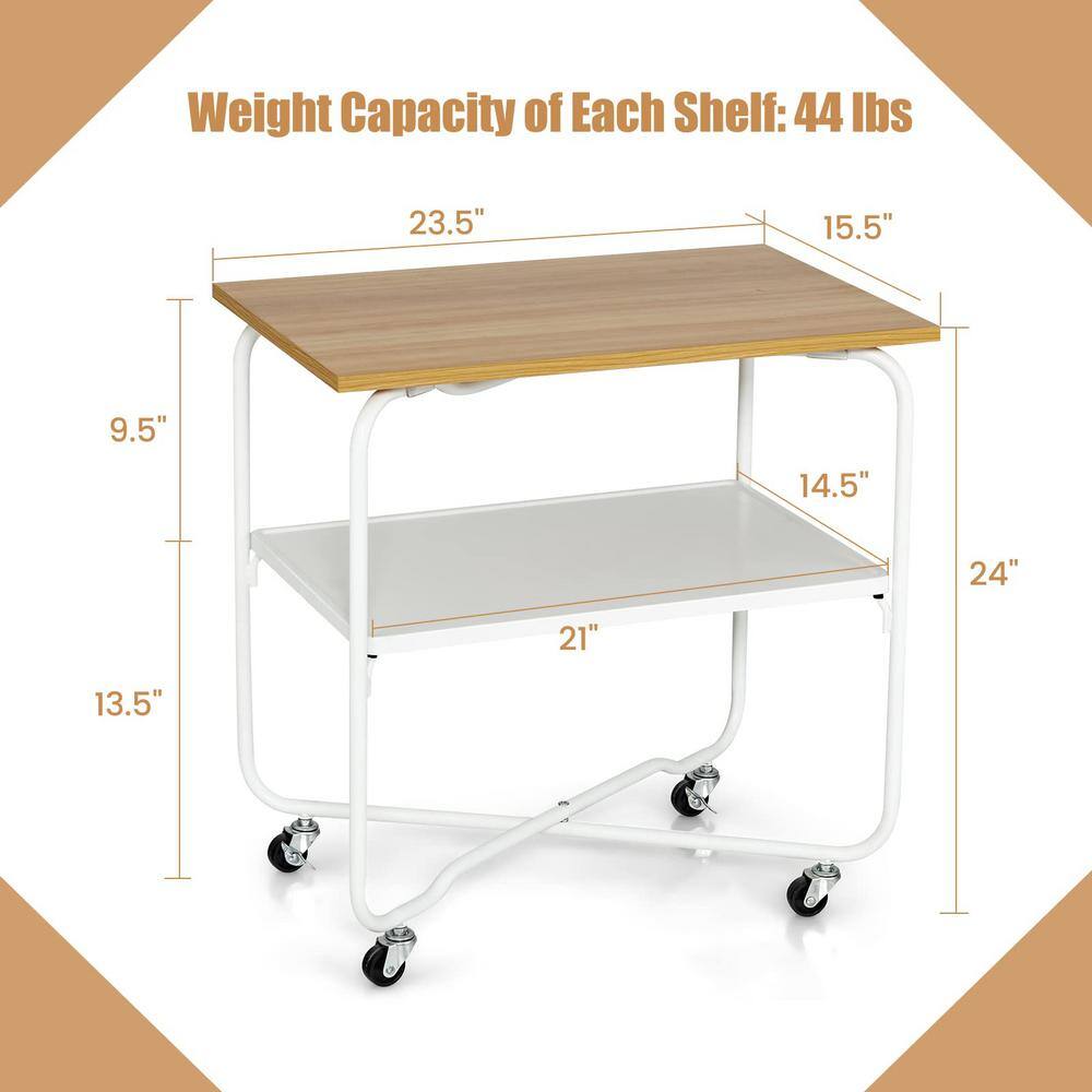 Natural Wood and White Metal 2-Tier Rolling End Table
