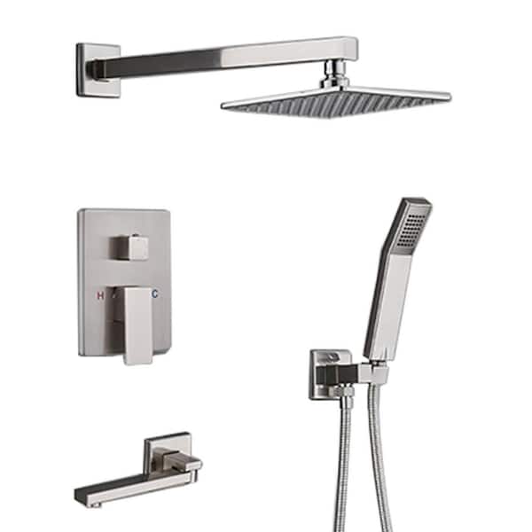 ELLO&ALLO 2-Handle 2-Spray Tub and Shower Faucet and Handheld Combo with 8 in. Shower Head in Brushed Nickel (Valve Included)