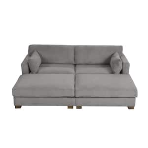 88 in. Modern Square Arm Corduroy Fabric Upholstered Sectional Sofa in. Light Gray With Two Ottomans And Wood Leg
