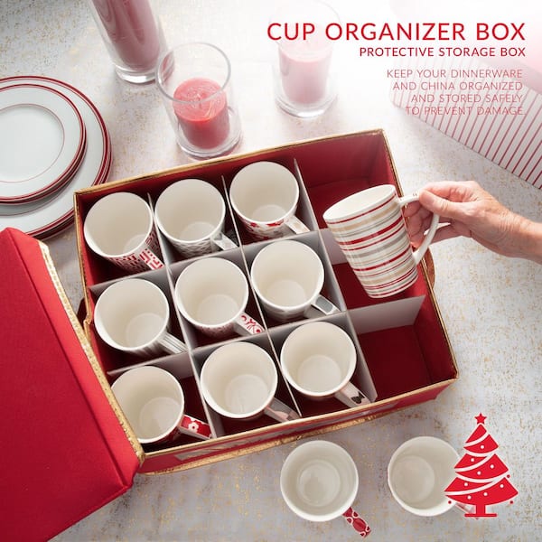 Lotfancy Cup and Mug Storage Box with Dividers & Hard Handles,Holds 12 Tea Cups, Gray, Size: 15.25 x 13 x 5