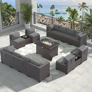 15-Piece Wicker Patio Conversation Set with 55000 BTU Gas Fire Pit Table and Glass Coffee Table and Cushions Gray