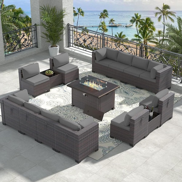 Halmuz 15-Piece Wicker Patio Conversation Set with 55000 BTU Gas Fire Pit Table and Glass Coffee Table and Cushions Gray