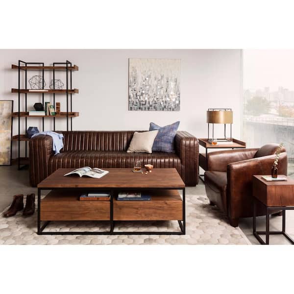 Burrard Light Brown Square Side Table, 23 in., Solid Acacia Wood with Drawer, Iron Frame