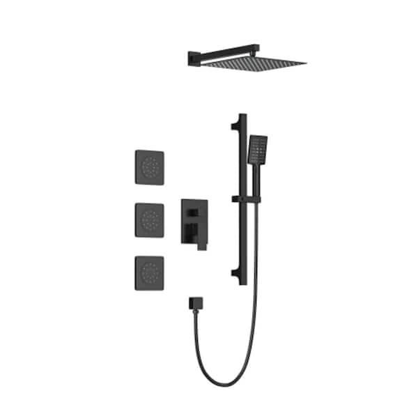 Lukvuzo Shower System with Shower Head Slide Bar Bodysprays and Lever Handles in Matte Black Jetted Shower