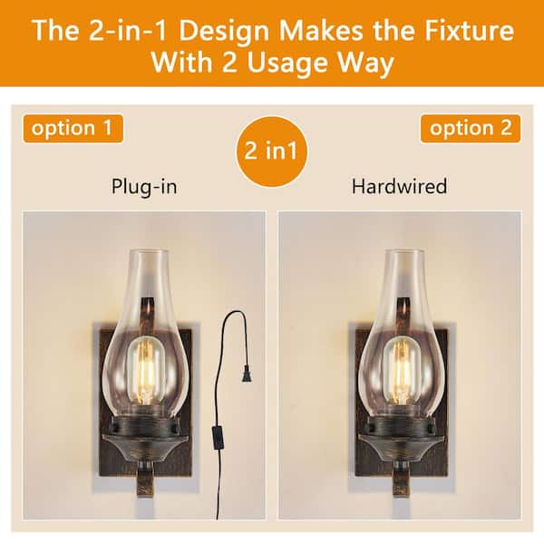 4.7 in. W 1-Light Rustic Wall Sconce (Set of 2) Plug-in Wall Lighting with Clear Glass Shade, E26, No Bulbs Included