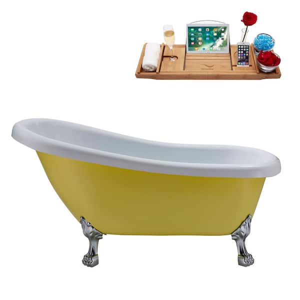 Streamline 61 in. Acrylic Clawfoot Non-Whirlpool Bathtub in Matte Yellow With Polished Chrome Clawfeet And Brushed Nickel Drain