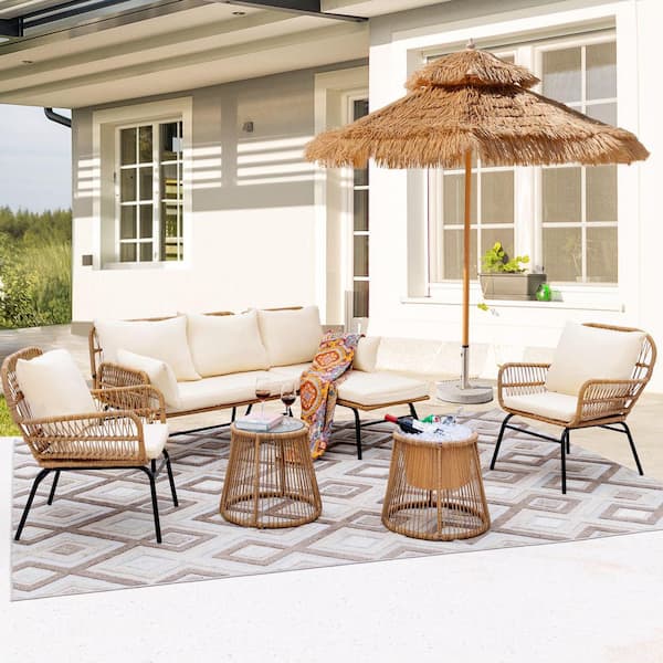 5-Piece Wicker Rattan Outdoor Bistro Set with Cushion, L-Shaped Patio Chaise, Lounge Chairs, Table, Ice bucket for Porch