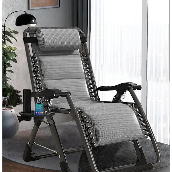 BOZTIY Zero Gravity Chair, Outdoor Padded Lounge Chair with Side Table, Steel Frame Reclining Chair, Light gray&Black Cushion