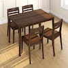 Rectangular wooden dining table and four chairs against a white background.