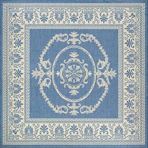 Recife Antique Medallion Champagne-Blue 9 ft. x 9 ft. Square Indoor/Outdoor Area Rug
