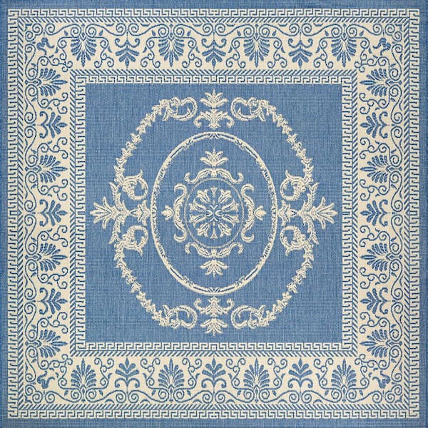 Couristan Recife Antique Medallion Champagne-Blue 9 ft. x 9 ft. Square Indoor/Outdoor Area Rug