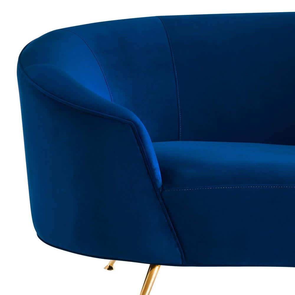 Navy Velvet Curved Sofa with Gold Legs and Sloped Arms