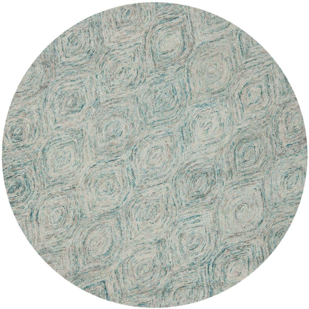 Ivory and Sea Blue Round Wool Geometric Area Rug, 6 ft.