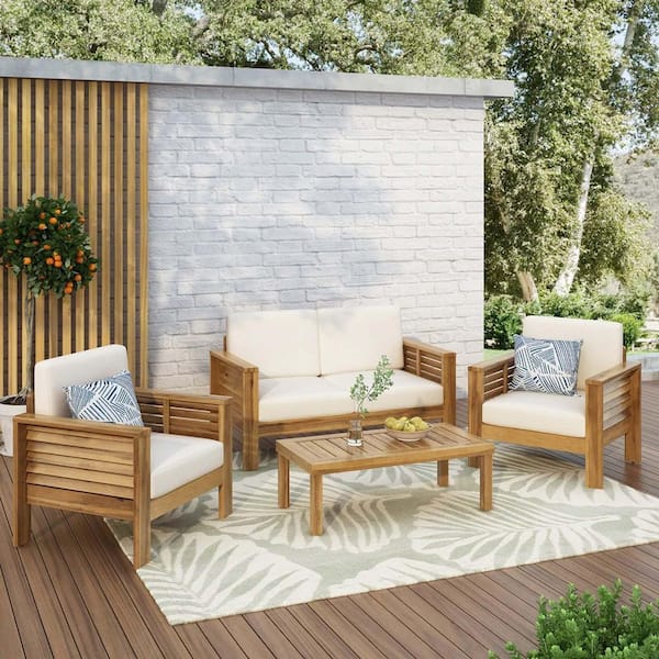 4-Piece Teak Acacia Wood Outdoor Loveseat and Coffee Table Set for Patio Backyard with Cream Cushions