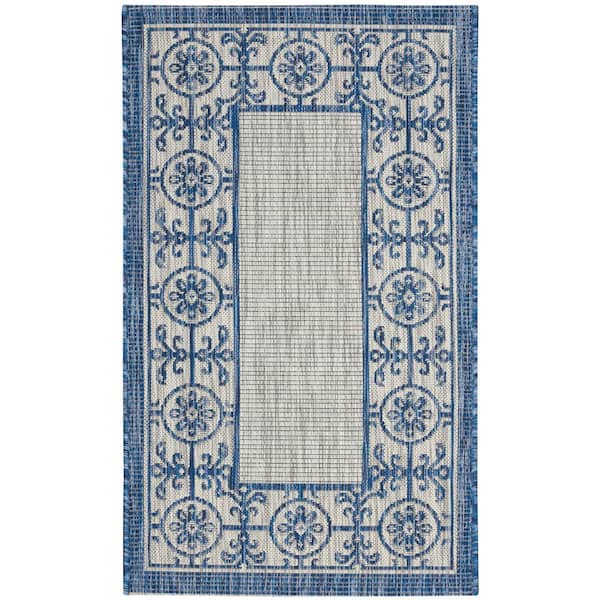 Nourison Garden Party Ivory doormat 2 ft. x 4 ft. Bordered Transitional Indoor/Outdoor Patio Kitchen Area Rug