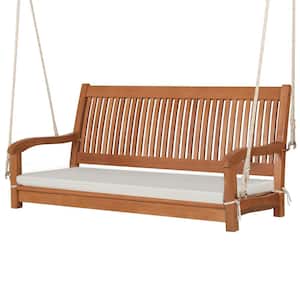 Natural 2-Person Wood Hanging Porch Swing Bench with Cushion Curved Back