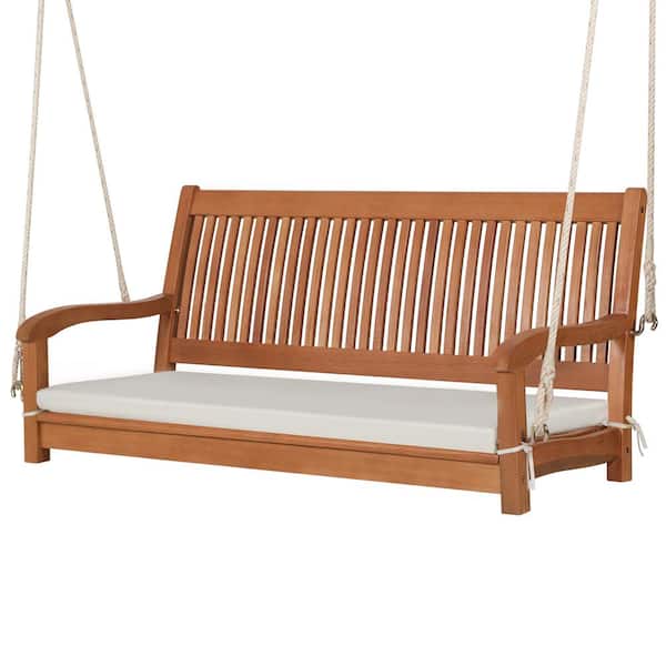 Costway Natural 2-Person Wood Hanging Porch Swing Bench with Cushion Curved Back