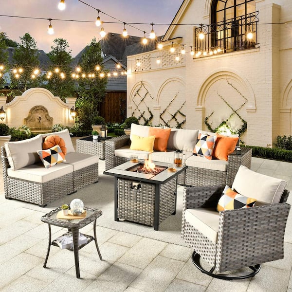 HOOOWOOO Crater Grey 9-Piece Wicker Outdoor Patio Fire Pit Conversation Sofa Set with a Swivel Rocking Chair and Beige Cushions