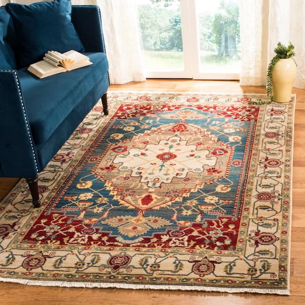 Kashan Ivory/Blue 8 ft. x 10 ft. Border Area Rug