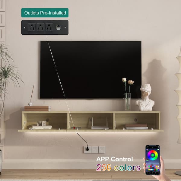 65 in. W x 11.8 in. D Natural MDF Wood Floating TV Stand Shelves Decorative Wall Shelf with Lights and Power Outlet