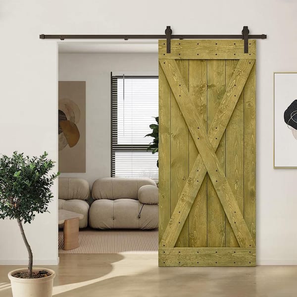 CALHOME X Series 36 in. x 84 in. Pre-Assembled Jungle Green Stained Wood  Interior Sliding Barn Door with Hardware Kit SWD11-AB-79+DOOR-ASM-X36DG -  The Home Depot