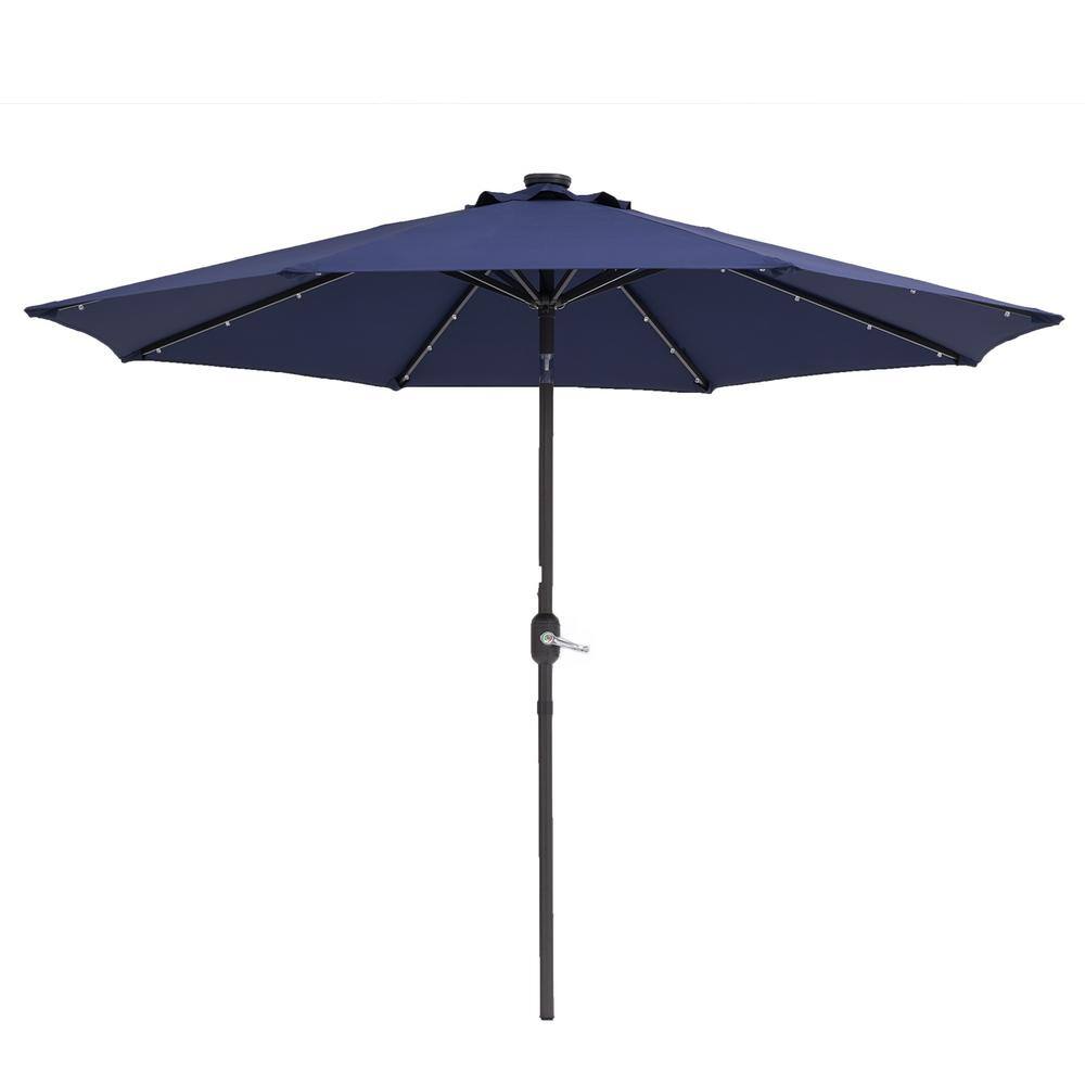 9 ft. Steel Dark Blue Outdoor Solar LED Tiltable Patio Umbrella Market ...